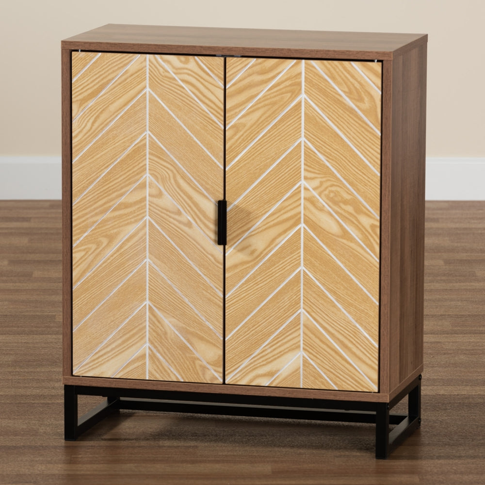 Baxton Studio Josephine Mid-Century Modern Transitional Two-Tone Walnut And Natural Brown Finished Wood And Black Metal 2-Door Storage Cabinet