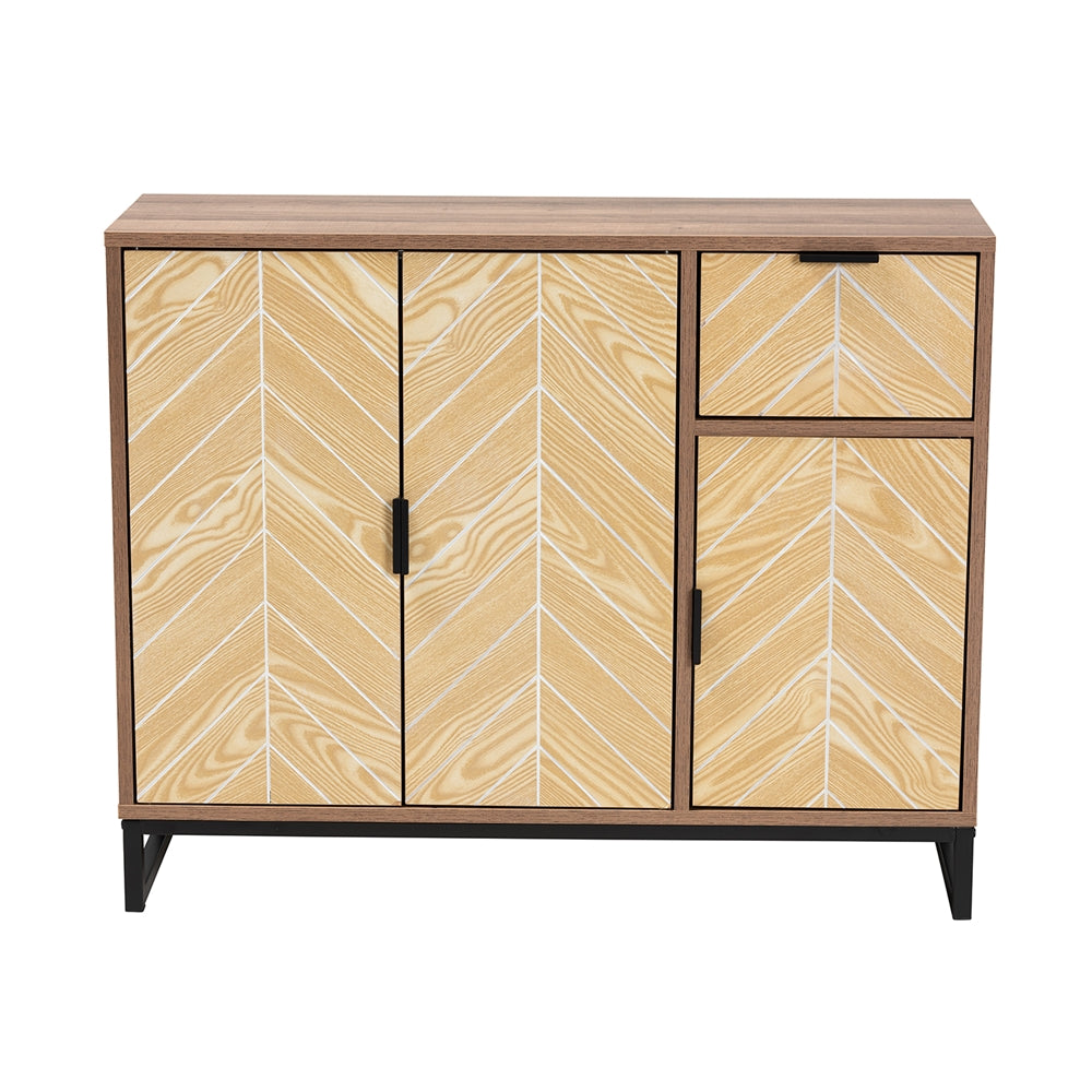 Baxton Studio Josephine Mid-Century Modern Transitional Two-Tone Walnut And Natural Brown Finished Wood And Black Metal 3-Door Sideboard