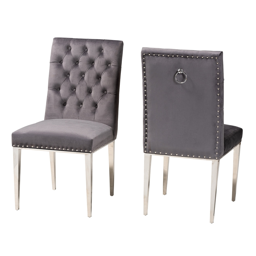 Baxton Studio Caspera Contemporary Glam And Luxe Grey Velvet Fabric And Silver Metal 2-Piece Dining Chair Set