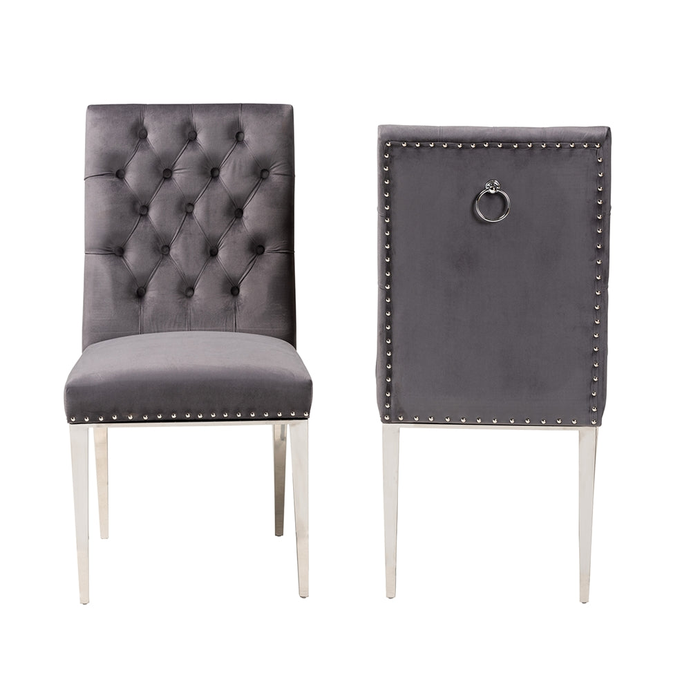 Baxton Studio Caspera Contemporary Glam And Luxe Grey Velvet Fabric And Silver Metal 2-Piece Dining Chair Set