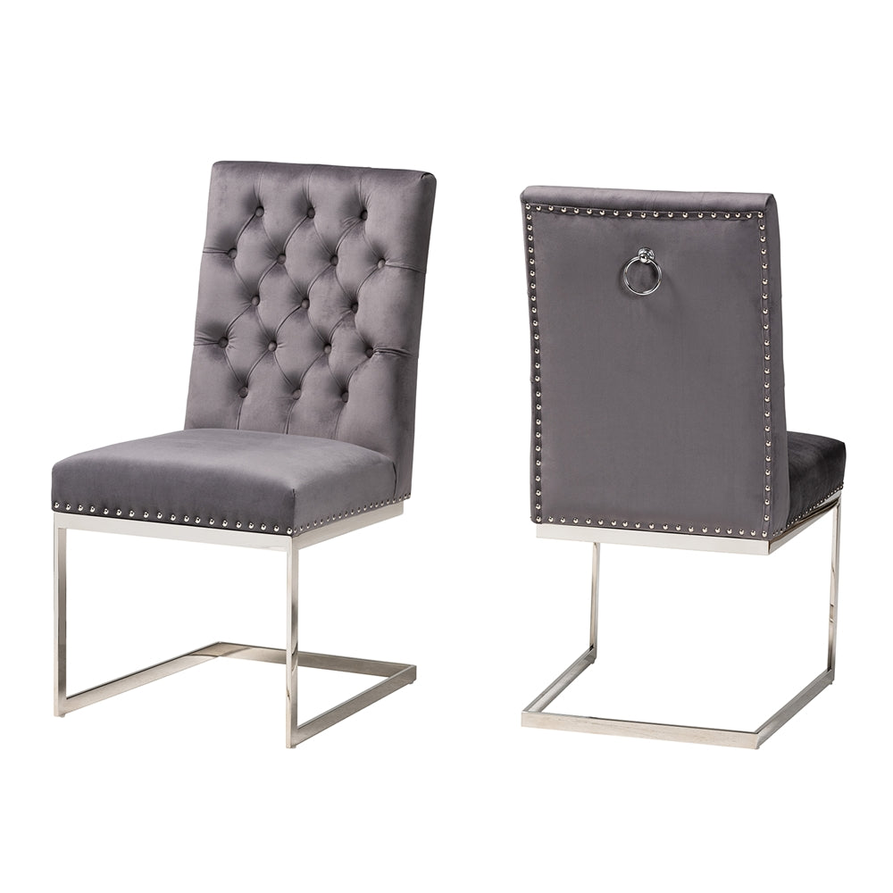 Baxton Studio Sherine Contemporary Glam And Luxe Grey Velvet Fabric And Silver Metal 2-Piece Dining Chair Set