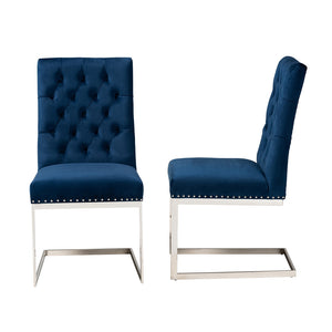 Baxton Studio Sherine Contemporary Glam And Luxe Navy Blue Velvet Fabric And Silver Metal 2-Piece Dining Chair Set