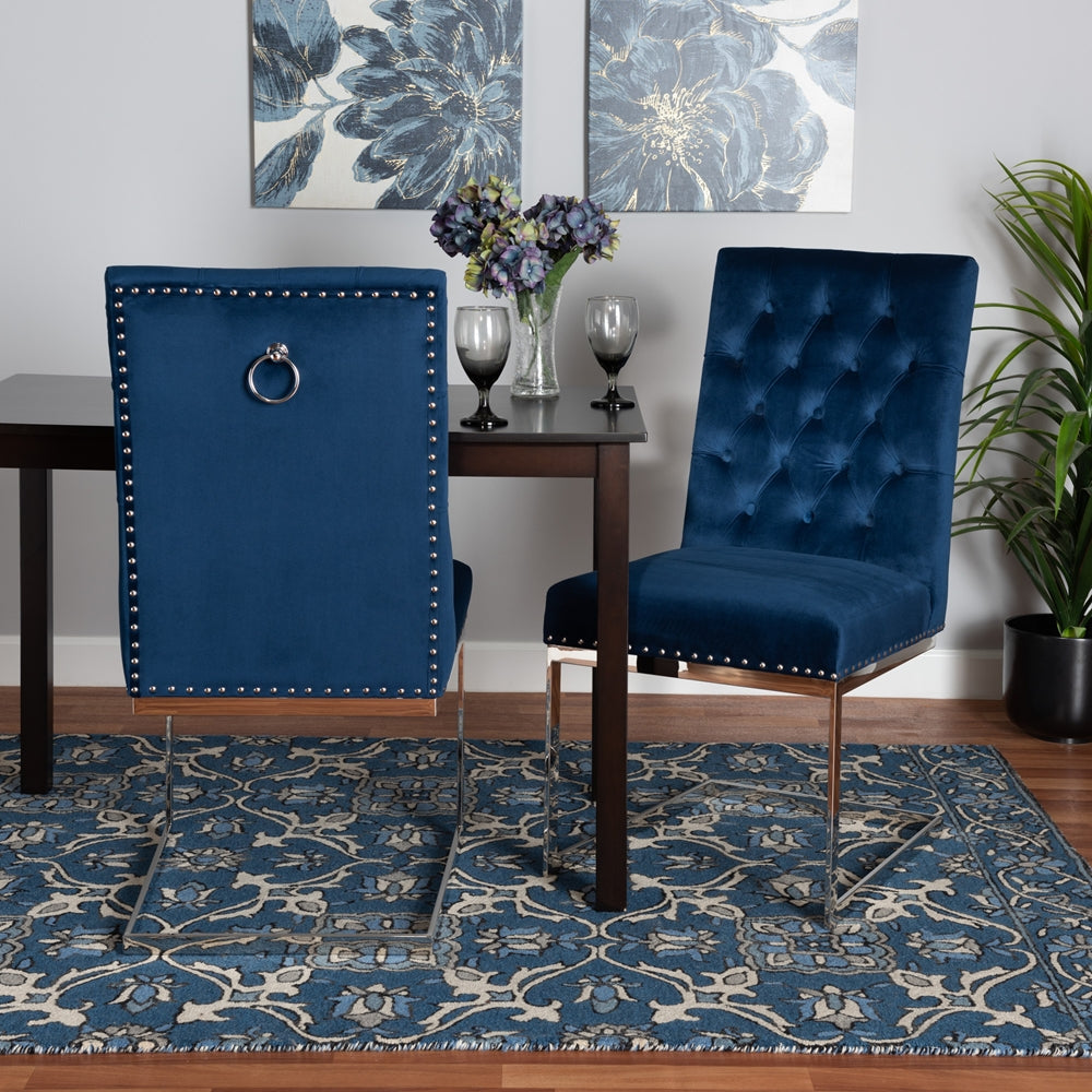 Baxton Studio Sherine Contemporary Glam And Luxe Navy Blue Velvet Fabric And Silver Metal 2-Piece Dining Chair Set