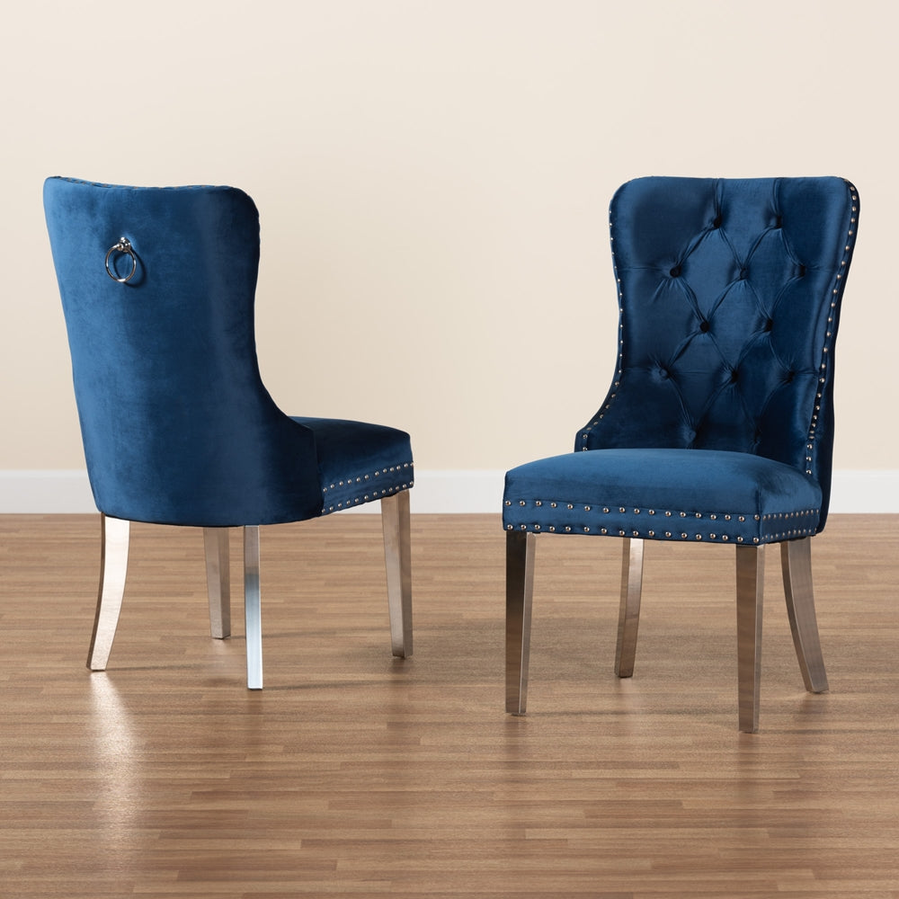 Baxton Studio Honora Contemporary Glam And Luxe Navy Blue Velvet Fabric And Silver Metal 2-Piece Dining Chair Set