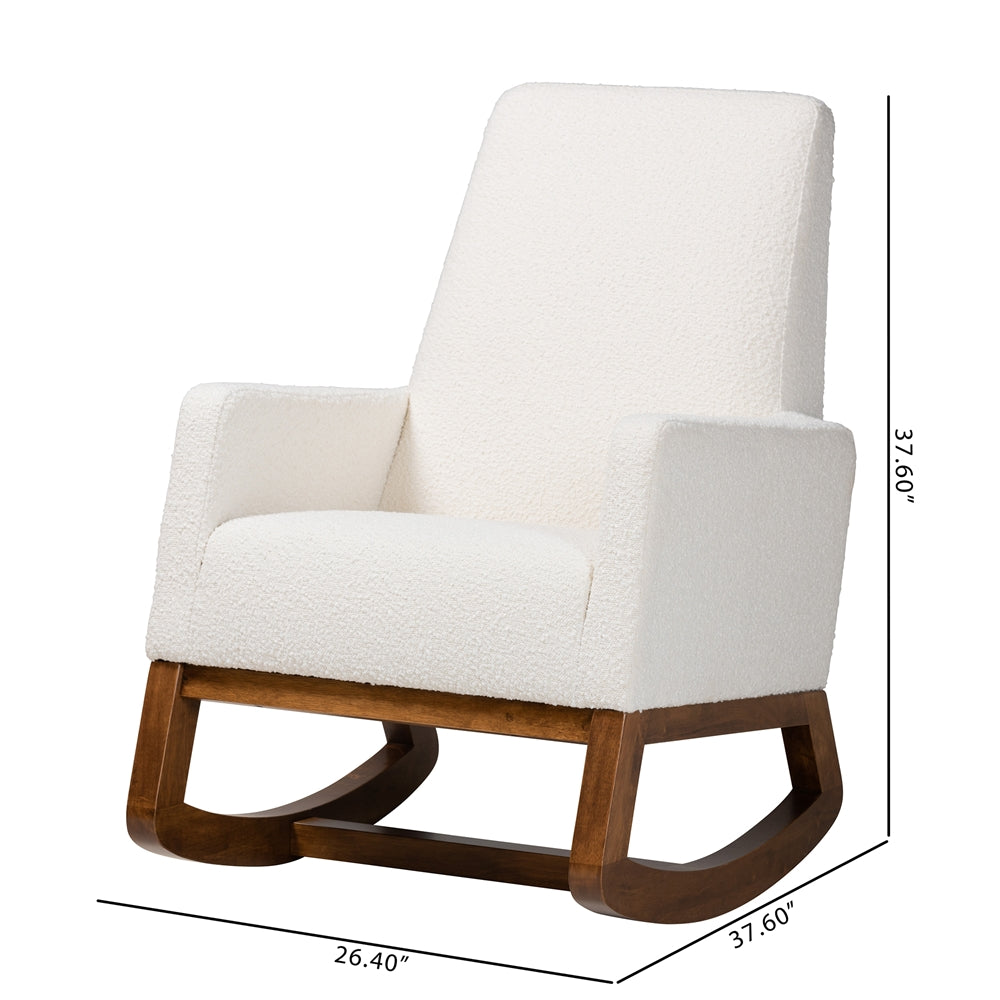 Baxton Studio Yashiya Mid-Century Modern Off-White Boucle Upholstered And Walnut Brown Finished Wood Rocking Chair