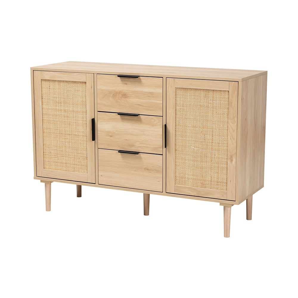 Baxton Studio Harrison Mid-Century Modern Natural Brown Finished Wood And Natural Rattan 3-Drawer Sideboard