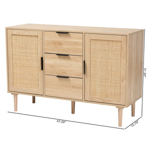 Baxton Studio Harrison Mid-Century Modern Natural Brown Finished Wood And Natural Rattan 3-Drawer Sideboard