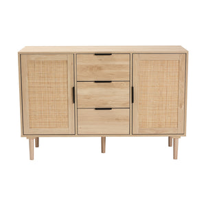 Baxton Studio Harrison Mid-Century Modern Natural Brown Finished Wood And Natural Rattan 3-Drawer Sideboard