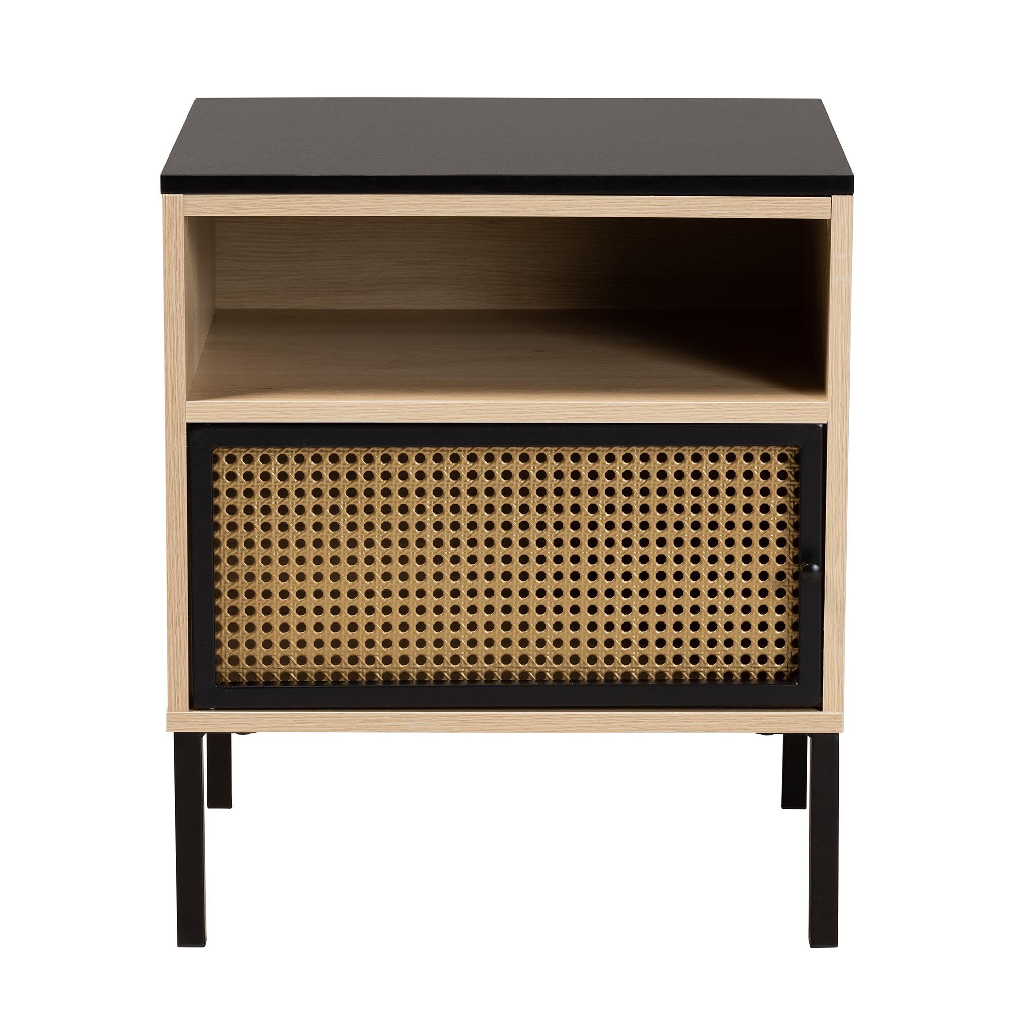 Baxton Studio Felton Mid-Century Modern Two-Tone Black And Gold Metal And Light Brown Finished Wood 1-Door End Table