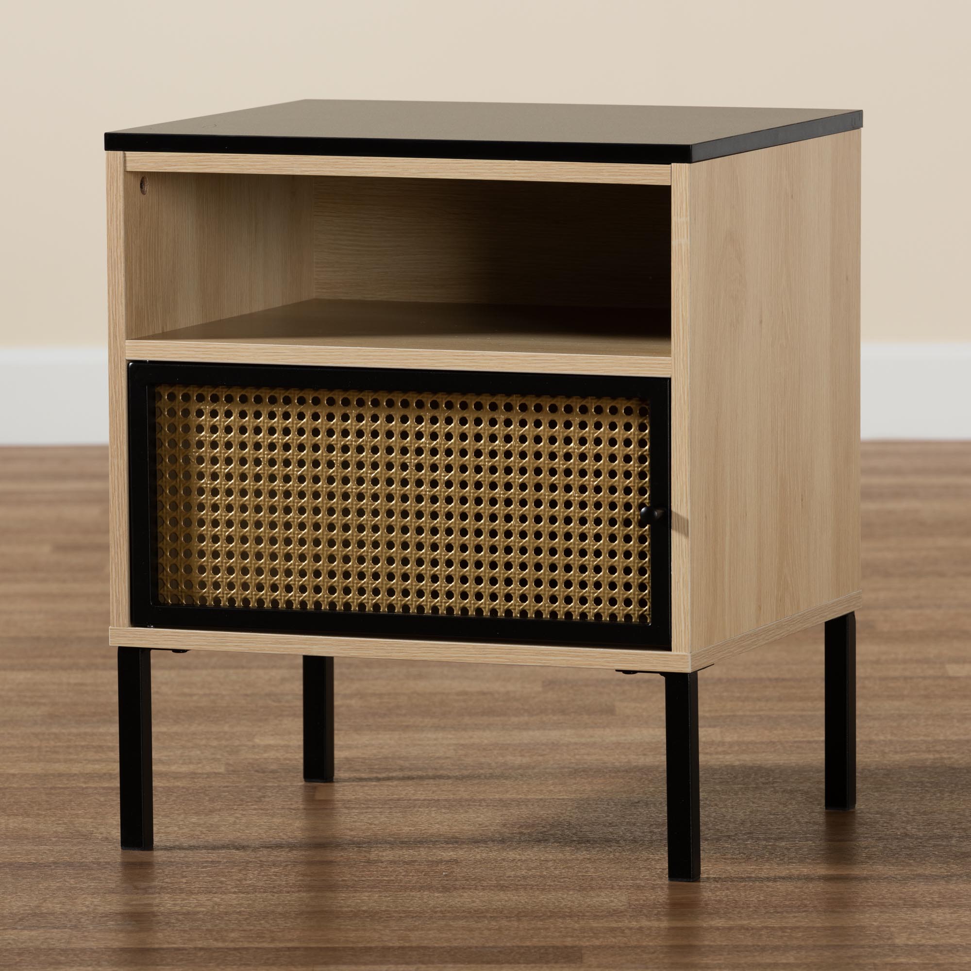 Baxton Studio Felton Mid-Century Modern Two-Tone Black And Gold Metal And Light Brown Finished Wood 1-Door End Table