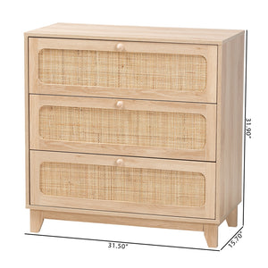 Baxton Studio Elsbeth Japandi Oak Brown Finished Wood And Natural Rattan 3-Drawer Storage Cabinet