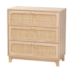 Baxton Studio Elsbeth Japandi Oak Brown Finished Wood And Natural Rattan 3-Drawer Storage Cabinet