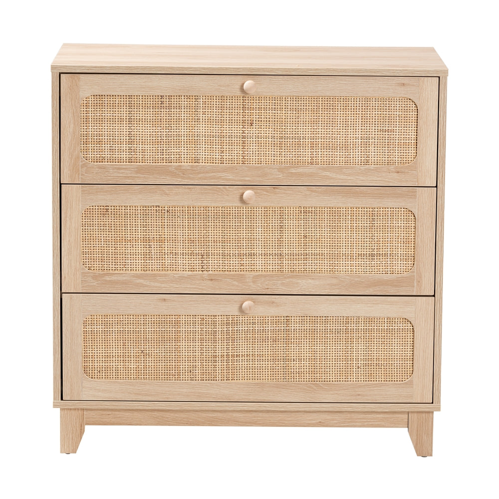 Baxton Studio Elsbeth Japandi Oak Brown Finished Wood And Natural Rattan 3-Drawer Storage Cabinet