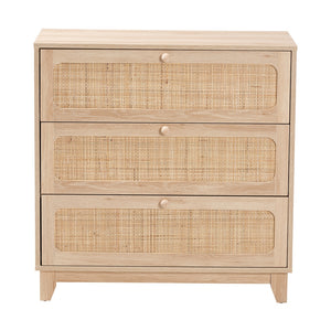 Baxton Studio Elsbeth Japandi Oak Brown Finished Wood And Natural Rattan 3-Drawer Storage Cabinet