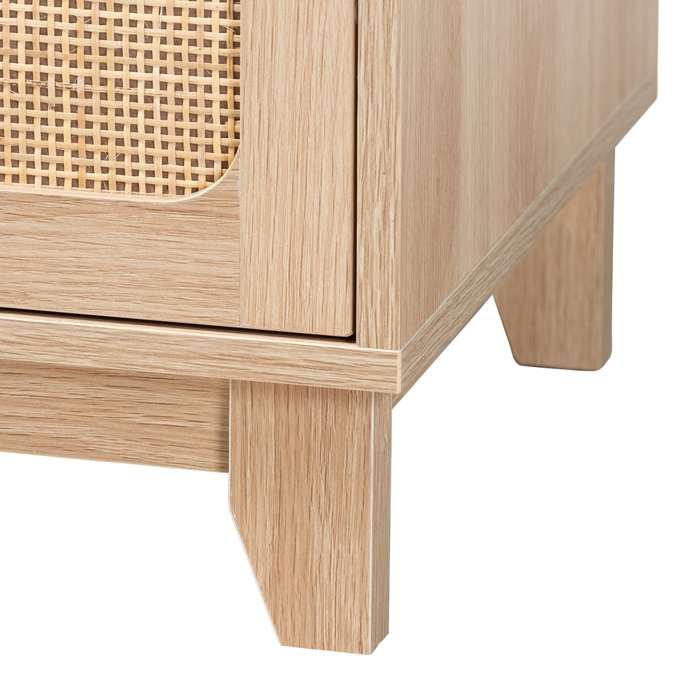 Baxton Studio Elsbeth Japandi Oak Brown Finished Wood And Natural Rattan 3-Drawer Storage Cabinet