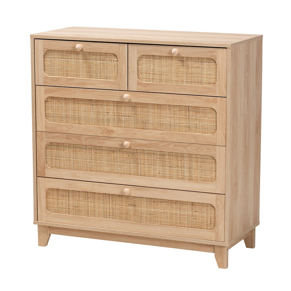 Baxton Studio Elsbeth Mid-Century Modern Oak Brown Finished Wood And Natural Rattan 5-Drawer Storage Cabinet