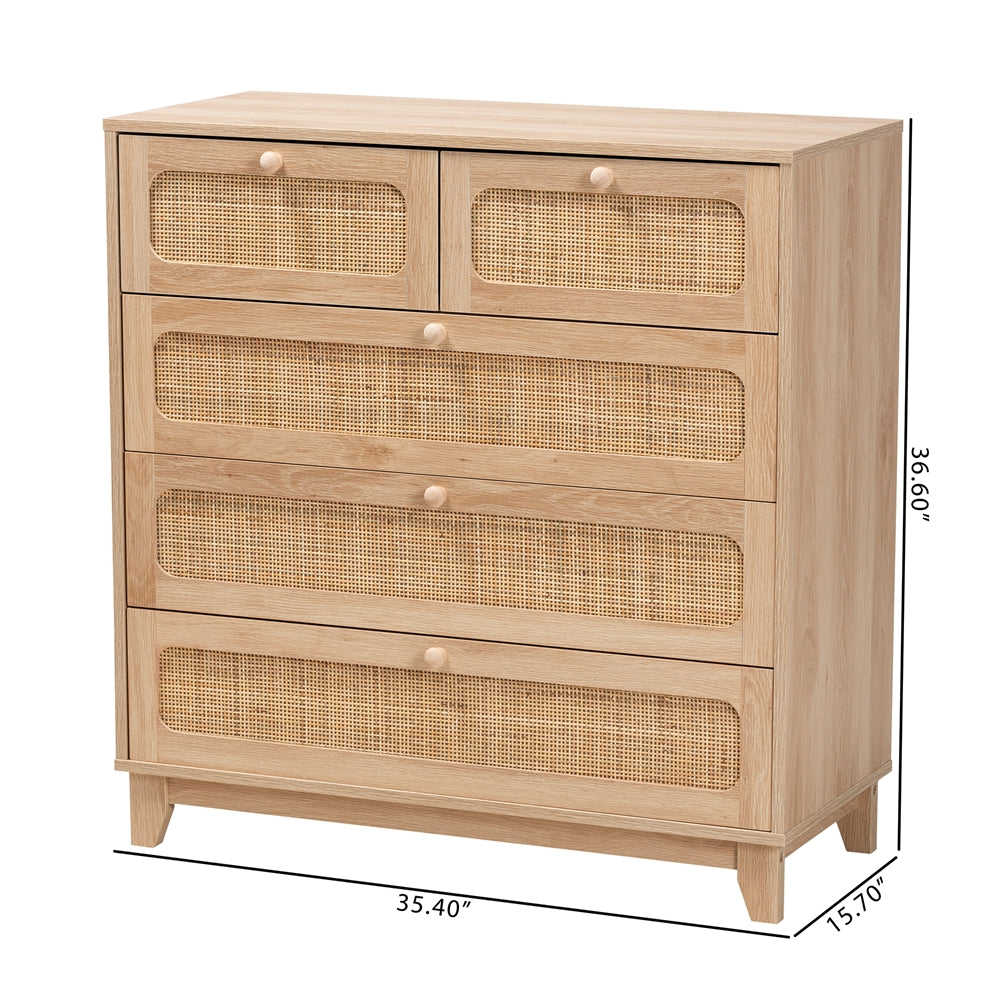 Baxton Studio Elsbeth Mid-Century Modern Oak Brown Finished Wood And Natural Rattan 5-Drawer Storage Cabinet