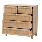 Load image into Gallery viewer, Baxton Studio Elsbeth Mid-Century Modern Oak Brown Finished Wood And Natural Rattan 5-Drawer Storage Cabinet
