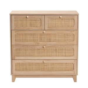 Baxton Studio Elsbeth Mid-Century Modern Oak Brown Finished Wood And Natural Rattan 5-Drawer Storage Cabinet