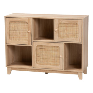 Baxton Studio Elsbeth Mid-Century Modern Light Brown Finished Wood And Natural Rattan 3-Door Sideboard