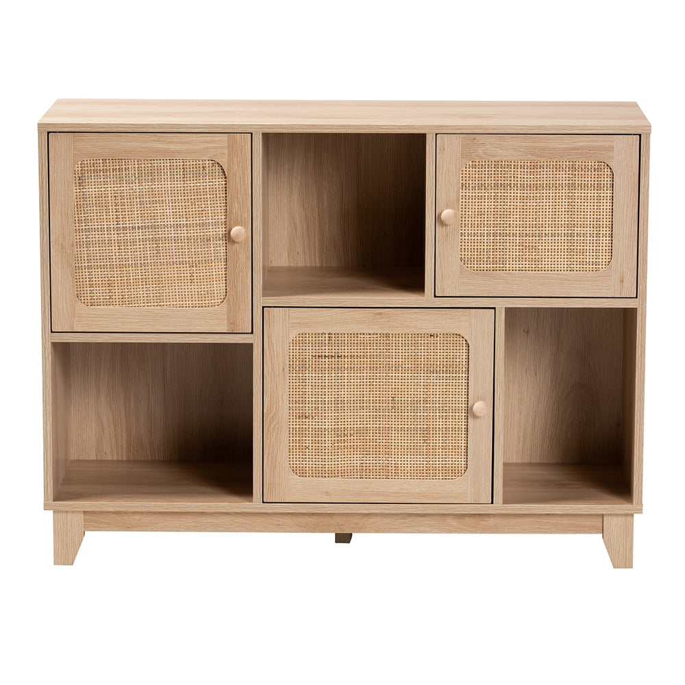 Baxton Studio Elsbeth Mid-Century Modern Light Brown Finished Wood And Natural Rattan 3-Door Sideboard