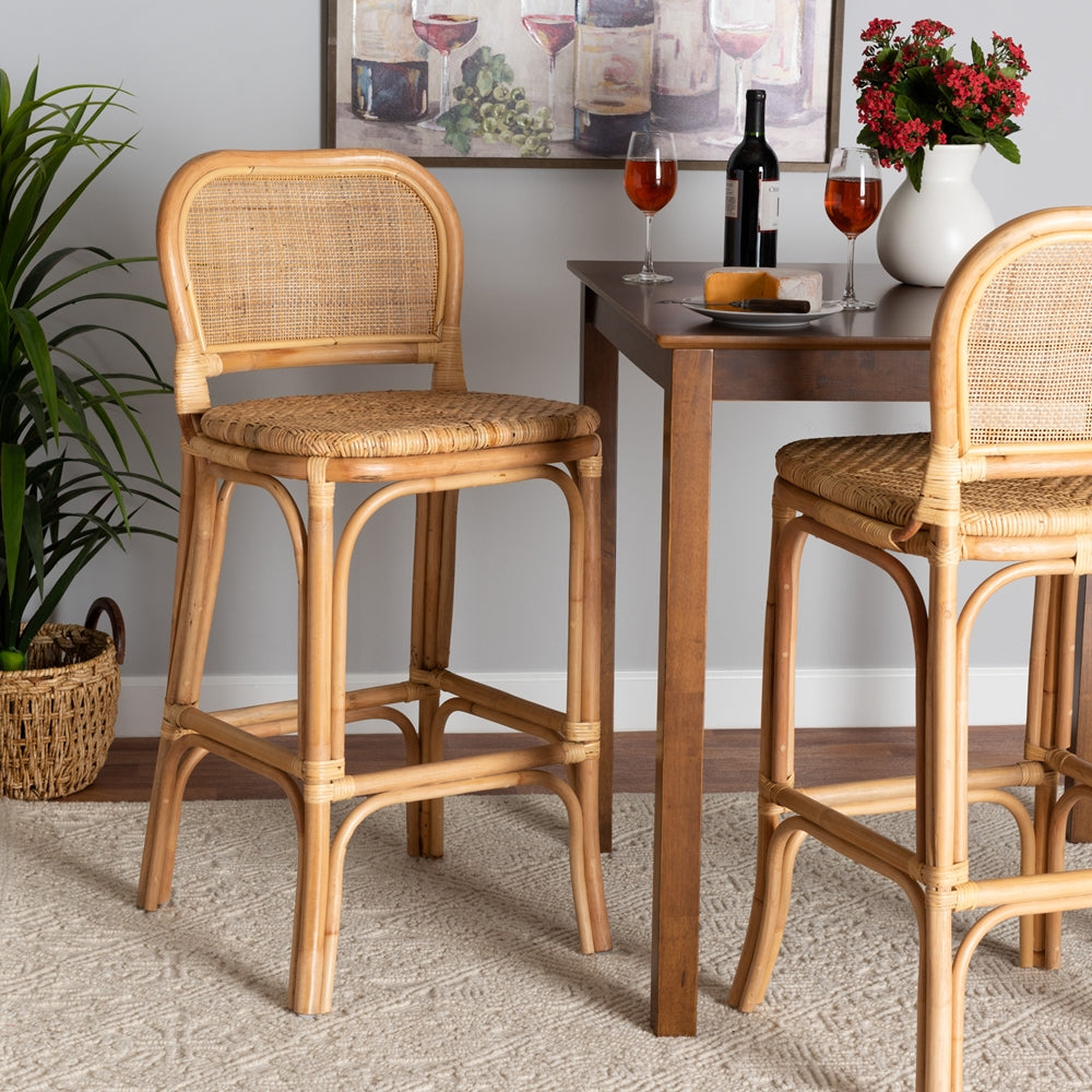 Baxton Studio Adrena Modern Bohemian Natural Brown Rattan Bar Stool