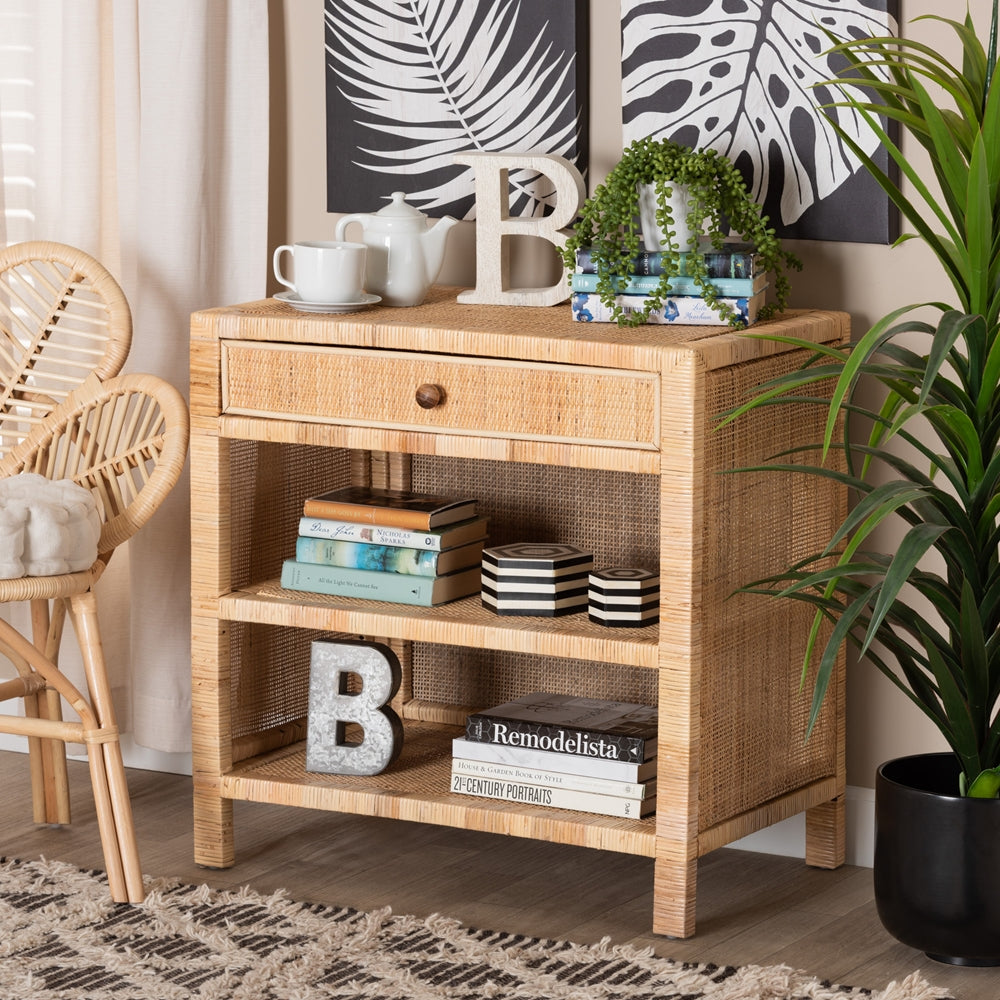 Baxton Studio Bella Modern Bohemian Natural Brown Mahogany Wood And Natural Rattan 1-Drawer Console Table