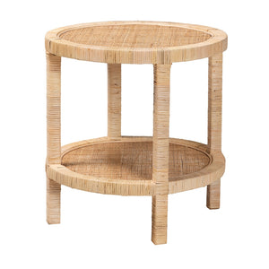 Baxton Studio Bella Modern Bohemian Natural Brown Mahogany Wood And Natural Rattan 2-Tier End Table