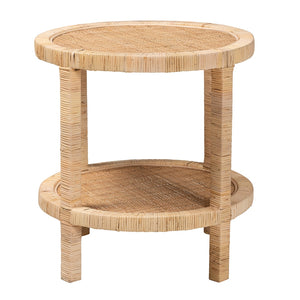 Baxton Studio Bella Modern Bohemian Natural Brown Mahogany Wood And Natural Rattan 2-Tier End Table