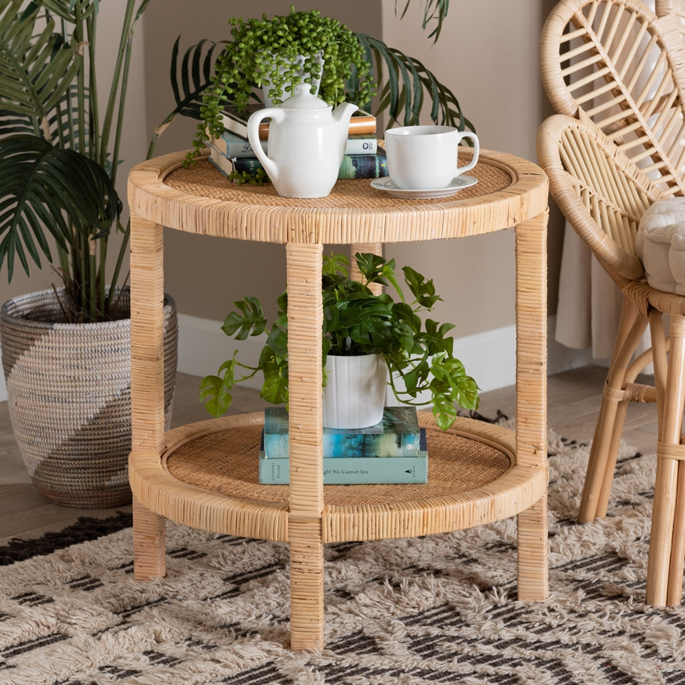 Baxton Studio Bella Modern Bohemian Natural Brown Mahogany Wood And Natural Rattan 2-Tier End Table