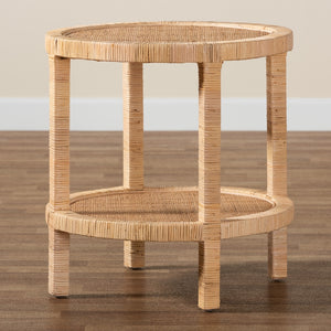 Baxton Studio Bella Modern Bohemian Natural Brown Mahogany Wood And Natural Rattan 2-Tier End Table