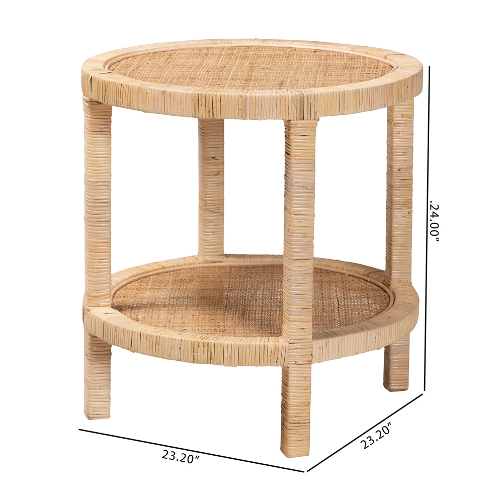 Baxton Studio Bella Modern Bohemian Natural Brown Mahogany Wood And Natural Rattan 2-Tier End Table