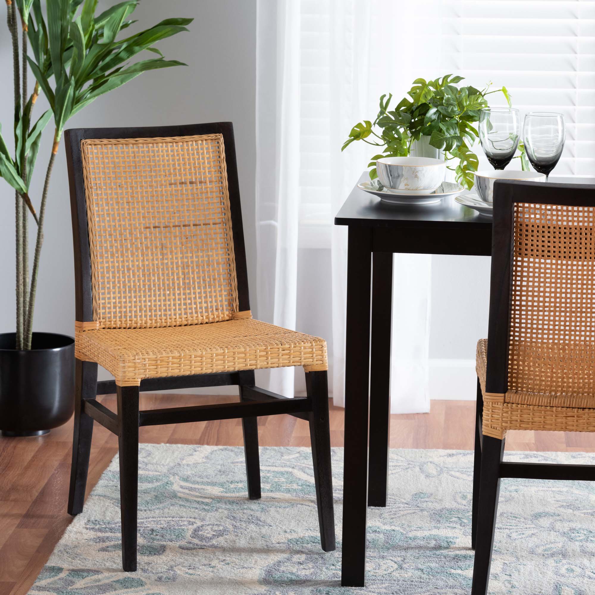 Baxton Studio Lingga Modern Bohemian Dark Brown Mahogany Wood And Natural Rattan Dining Chair