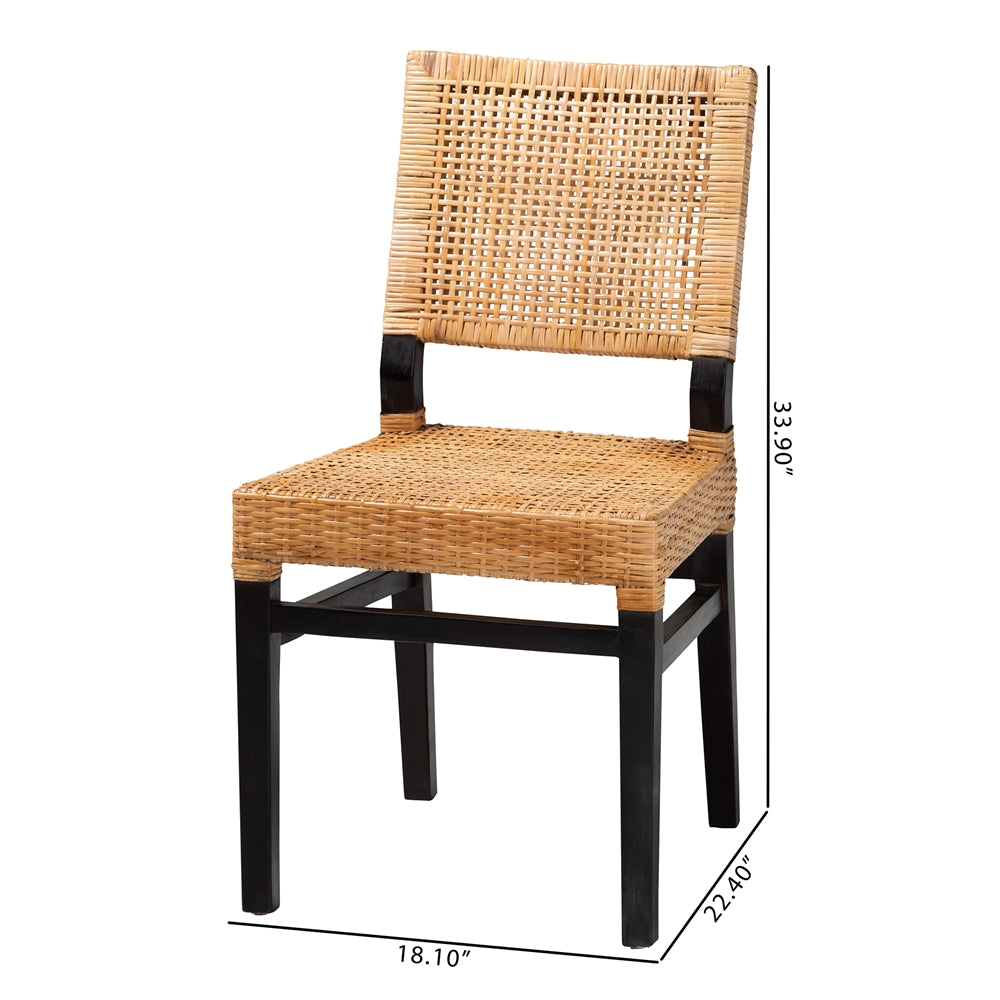 Baxton Studio Lesia Modern Bohemian Natural Brown Rattan And Espresso Brown Mahogany Wood Dining Chair