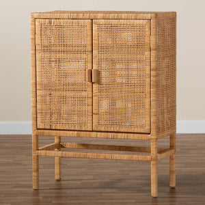 Baxton Studio Vivan Modern Bohemian Natural Brown Rattan And Mahogany Wood 3-Shelf Storage Cabinet