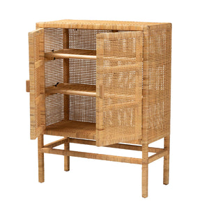 Baxton Studio Vivan Modern Bohemian Natural Brown Rattan And Mahogany Wood 3-Shelf Storage Cabinet