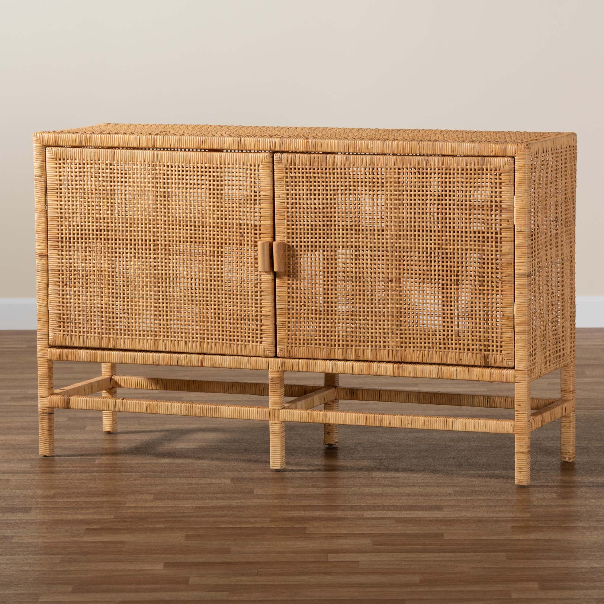 Baxton Studio Vivan Modern Bohemian Natural Brown Rattan And Mahogany Wood Storage Cabinet