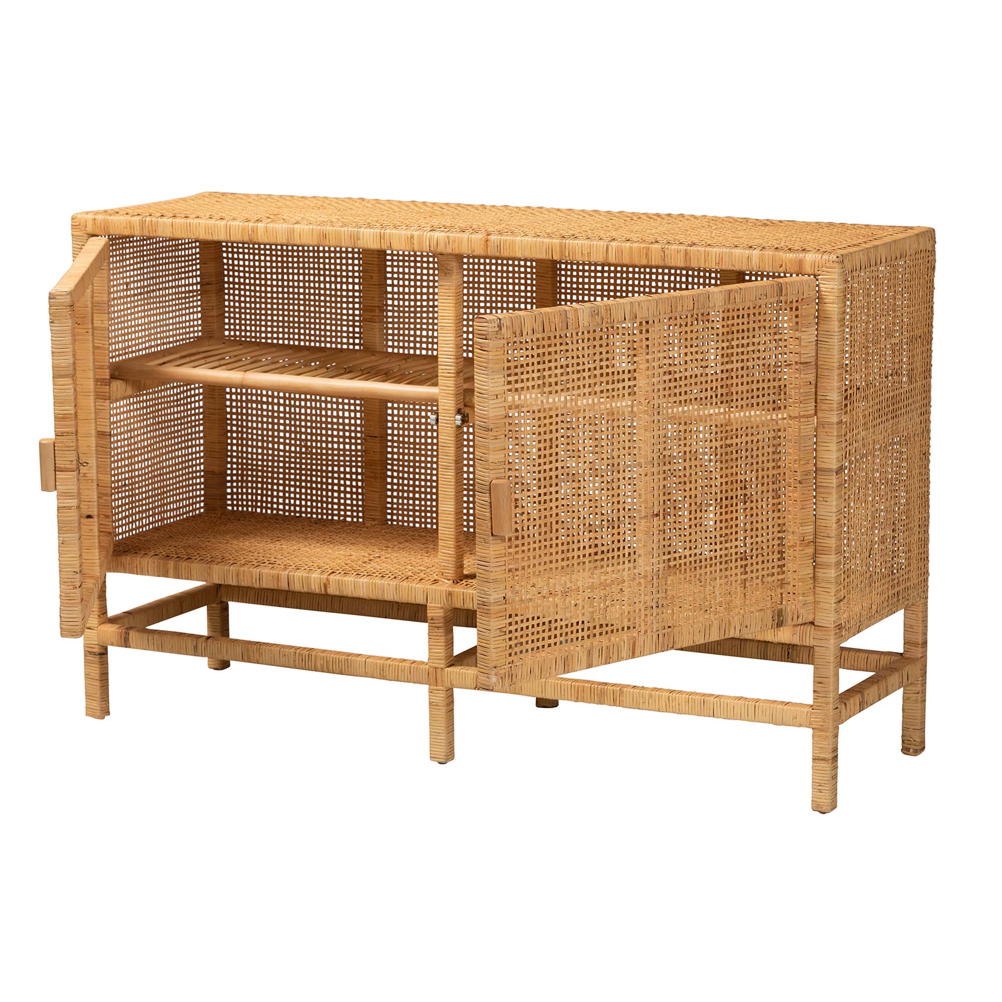 Baxton Studio Vivan Modern Bohemian Natural Brown Rattan And Mahogany Wood Storage Cabinet