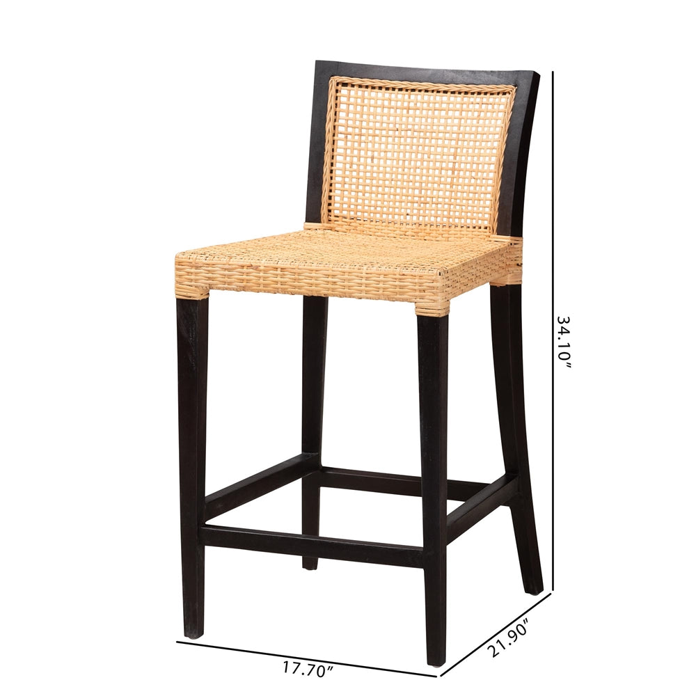 Baxton Studio Lingga Modern Bohemian Dark Brown Mahogany Wood And Natural Rattan Counter Stool