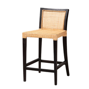 Baxton Studio Lingga Modern Bohemian Dark Brown Mahogany Wood And Natural Rattan Counter Stool