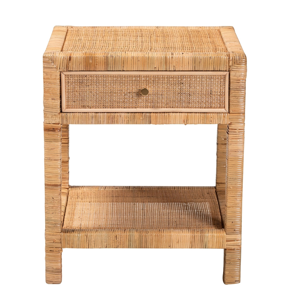 Baxton Studio Adelia Modern Bohemian Natural Rattan And Mahogany Wood 1-Drawer Nightstand