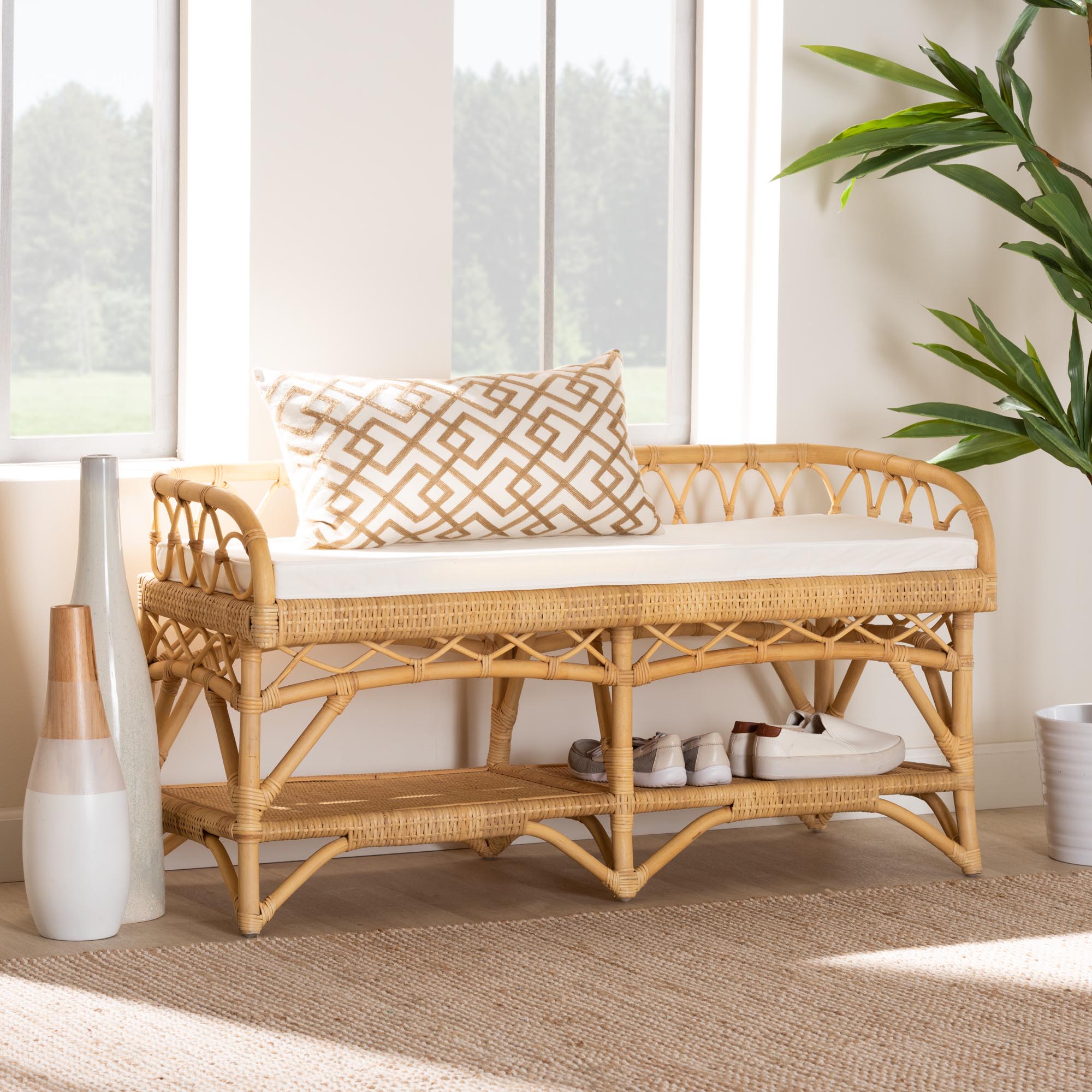 Baxton Studio Leryn Modern Bohemian Natural Brown Rattan Bench