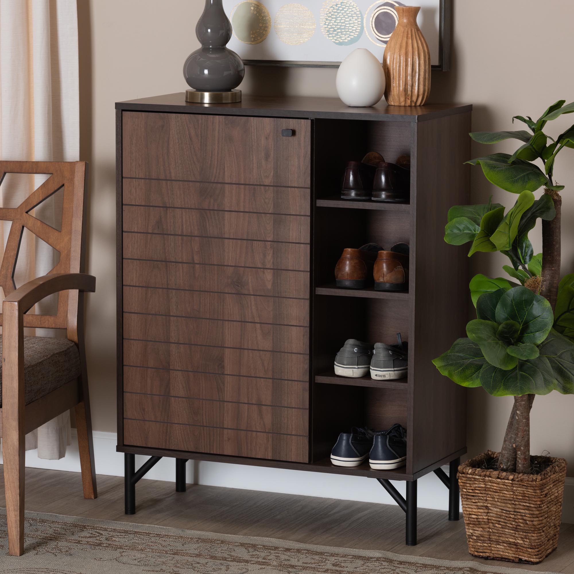 BAXTON STUDIO JOSETTE MID-CENTURY MODERN TRANSITIONAL WALNUT BROWN FINISHED WOOD 1-DOOR SHOE CABINET