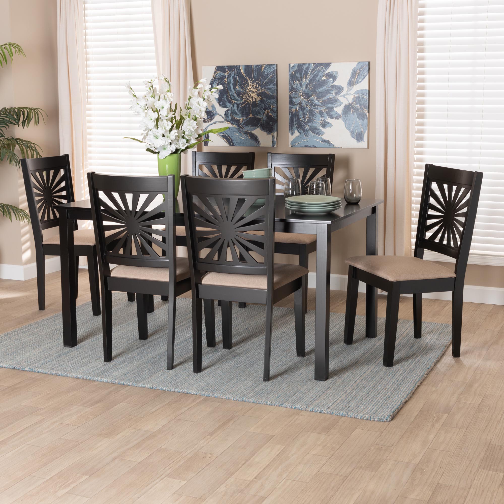 Baxton Studio Olympia Modern Beige Fabric And Espresso Brown Finished Wood 7-Piece Dining Set