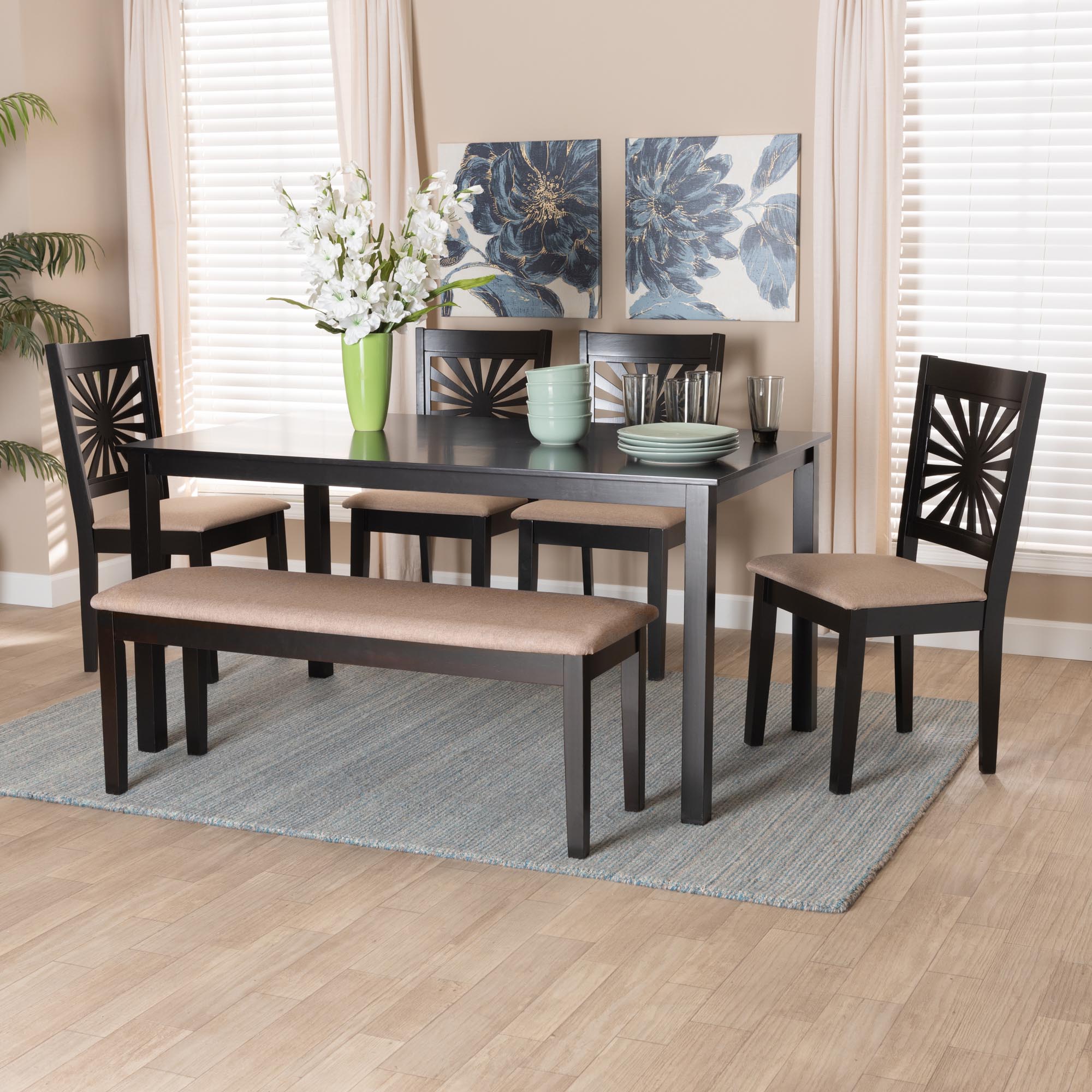 Baxton Studio Olympia Modern Beige Fabric And Espresso Brown Finished Wood 6-Piece Dining Set