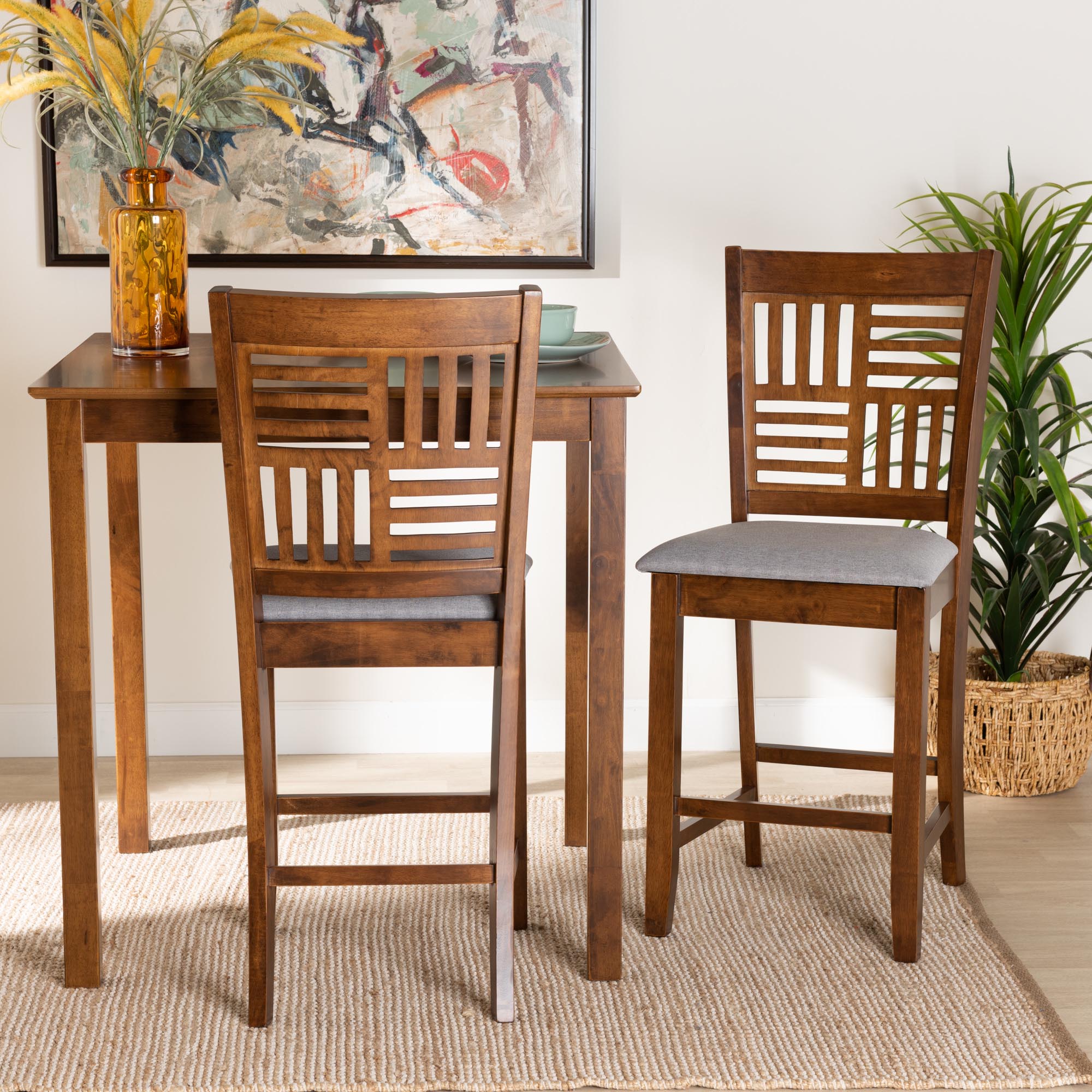 Baxton Studio Deanna Modern Grey Fabric And Walnut Brown Finished Wood 2-Piece Counter Stool Set