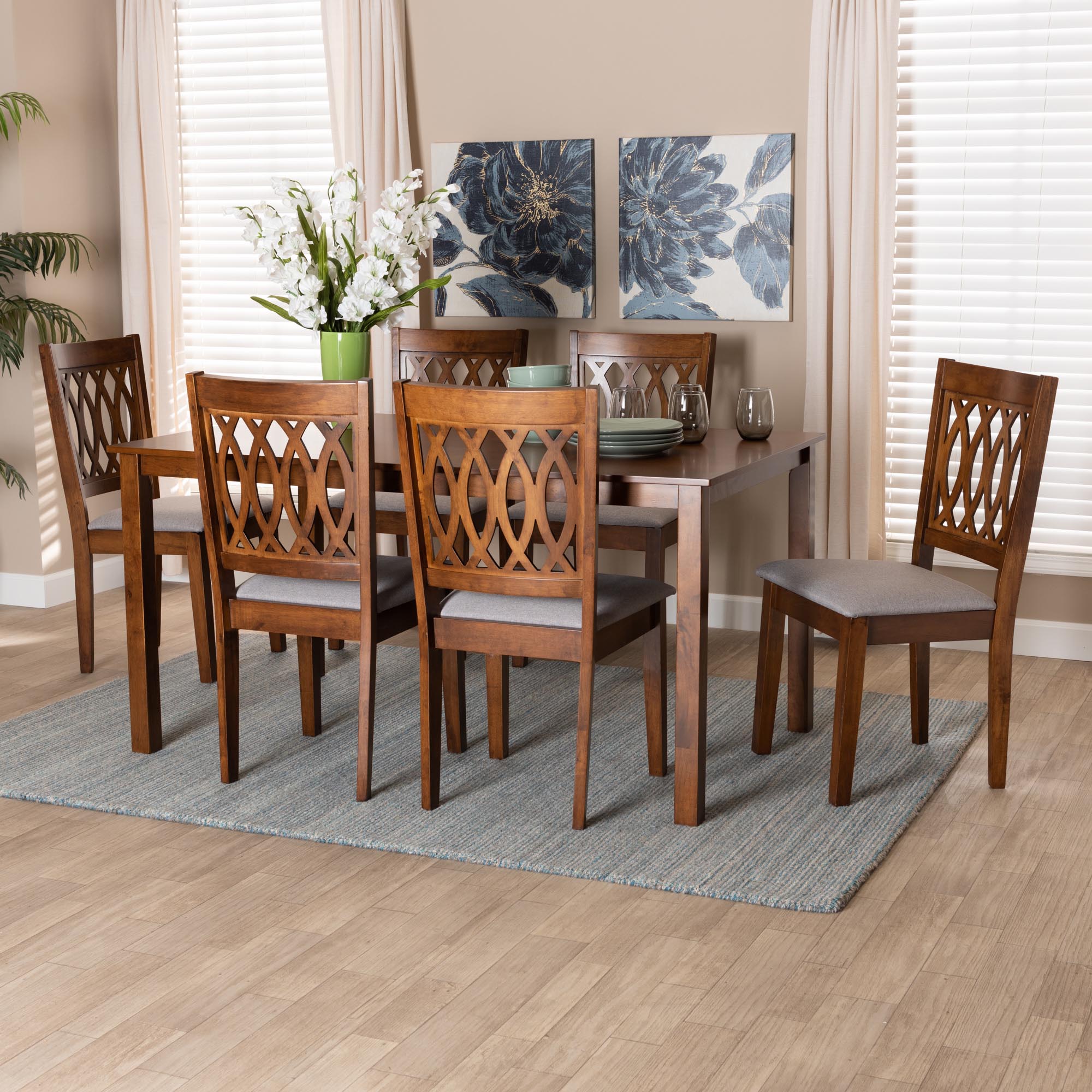 Baxton Studio Florencia Modern Grey Fabric And Walnut Brown Finished Wood 7-Piece Dining Set