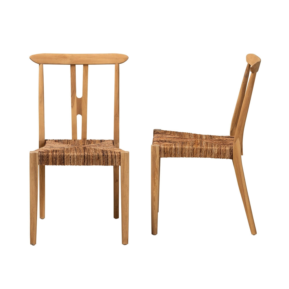 Baxton Studio Artha Modern Bohemian Natural Brown Teak Wood And Seagrass 2-Piece Dining Chair Set