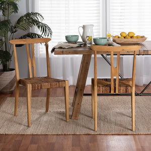 Baxton Studio Artha Modern Bohemian Natural Brown Teak Wood And Seagrass 2-Piece Dining Chair Set