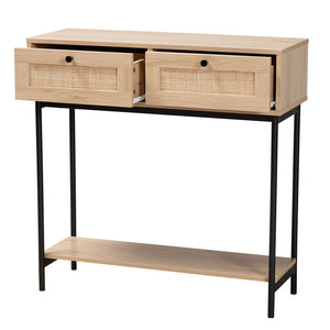 Baxton Studio Sherwin Mid-Century Modern Light Brown And Black 2-Drawer Console Table With Woven Rattan Accent